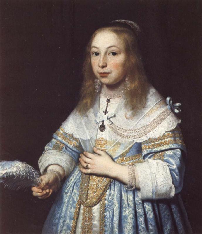 Bartholomeus van der Helst Portrait of a Girl in Pale Blue with an Ostrich Feather Fan oil painting picture